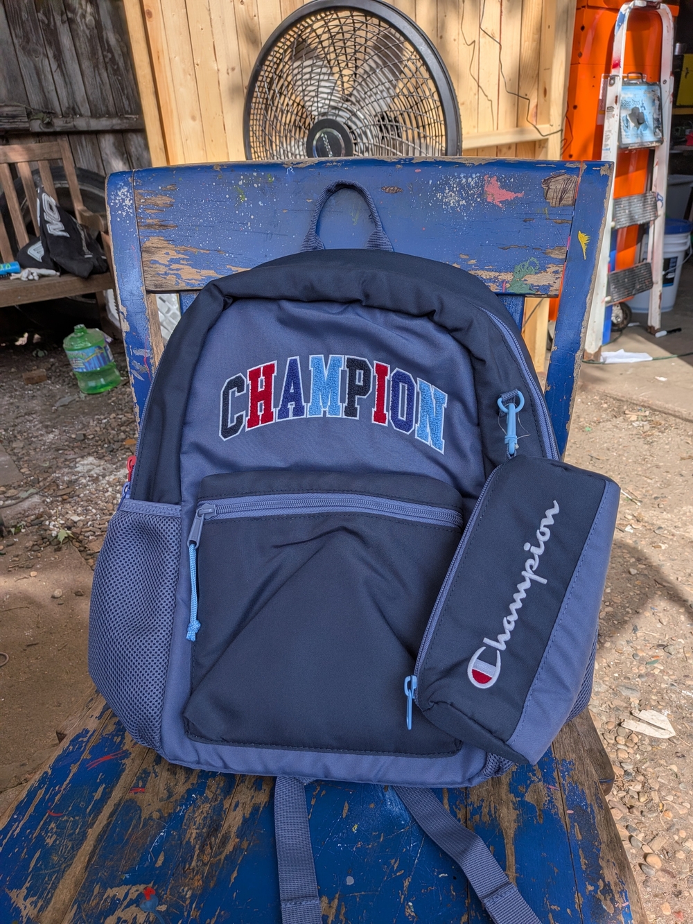 Champion Navy Blue Backpack with Multicolor Logo and Matching Pouch